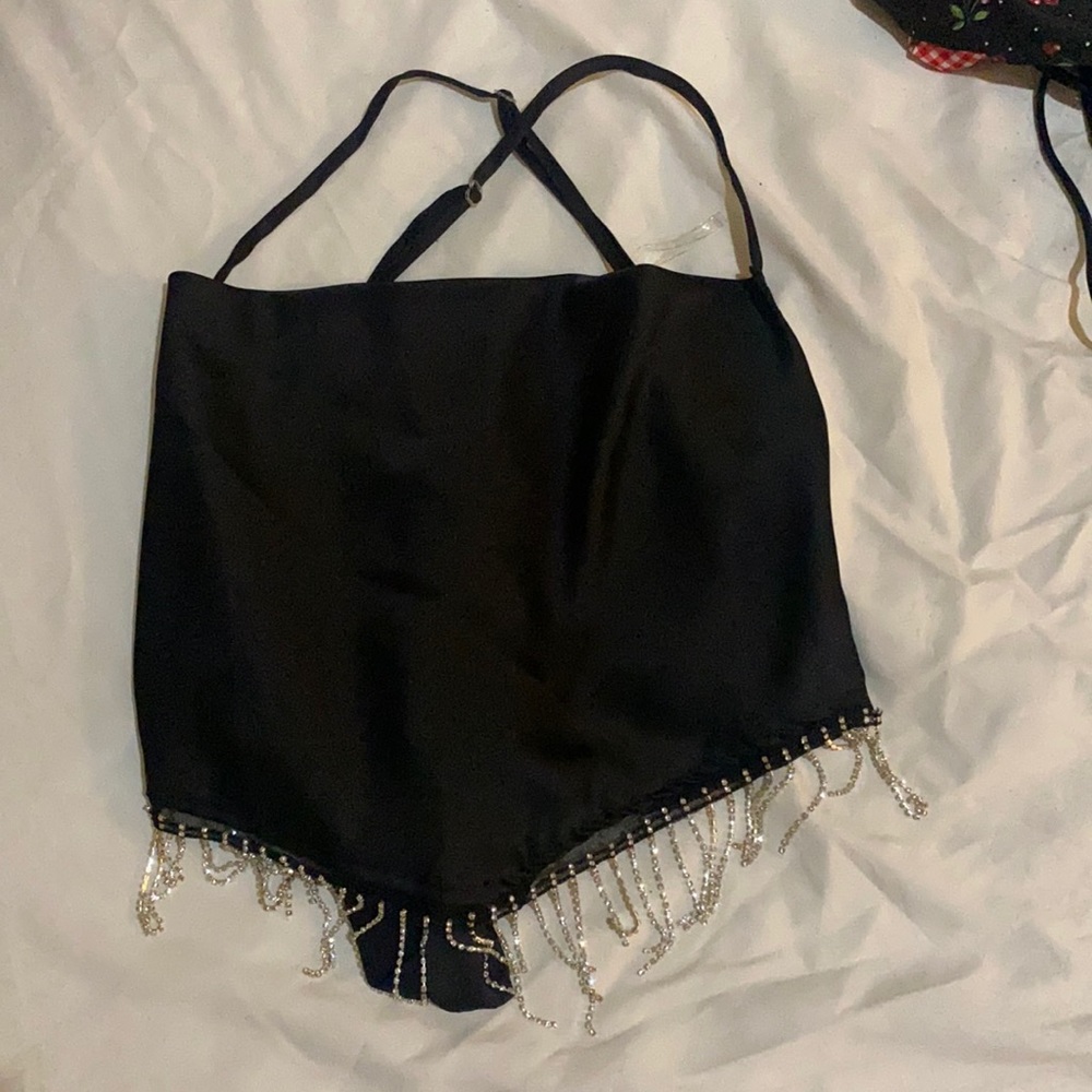 Rhinestone fringe halter top